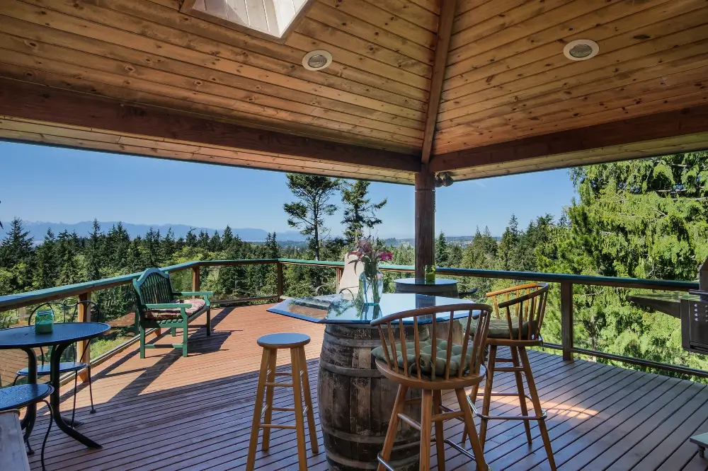 Covered patio overlooking northwest trees - Dagmar Construction