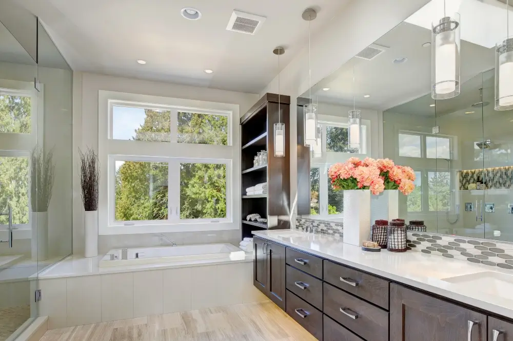 Contemporary bathroom remodel with glass windows - Dagmar Construction