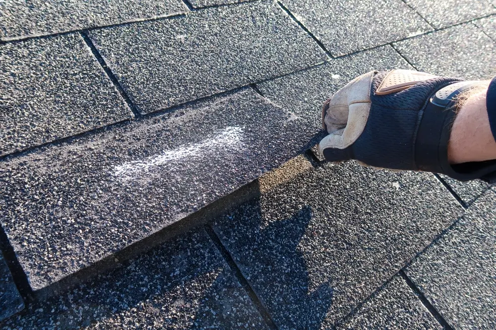 Residential roof inspection with asphalt shingles showing signs of damage - Dagmar Construction