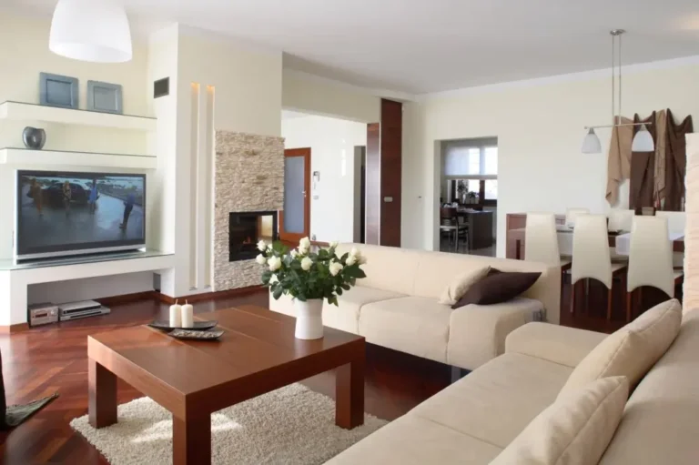 Contemporary living room with dining and living furniture, after home remodeling