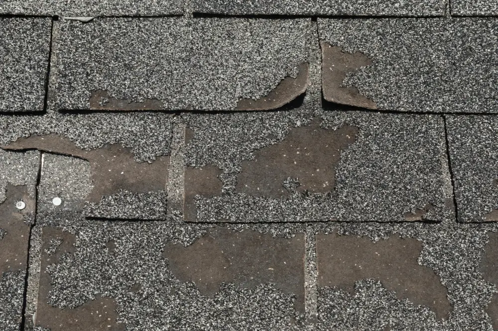 closeup of damaged roof shingles