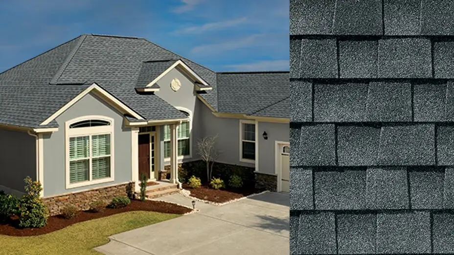 Gray Timberline shingle closeup with a pan view of a home with a Timberline shingle roof