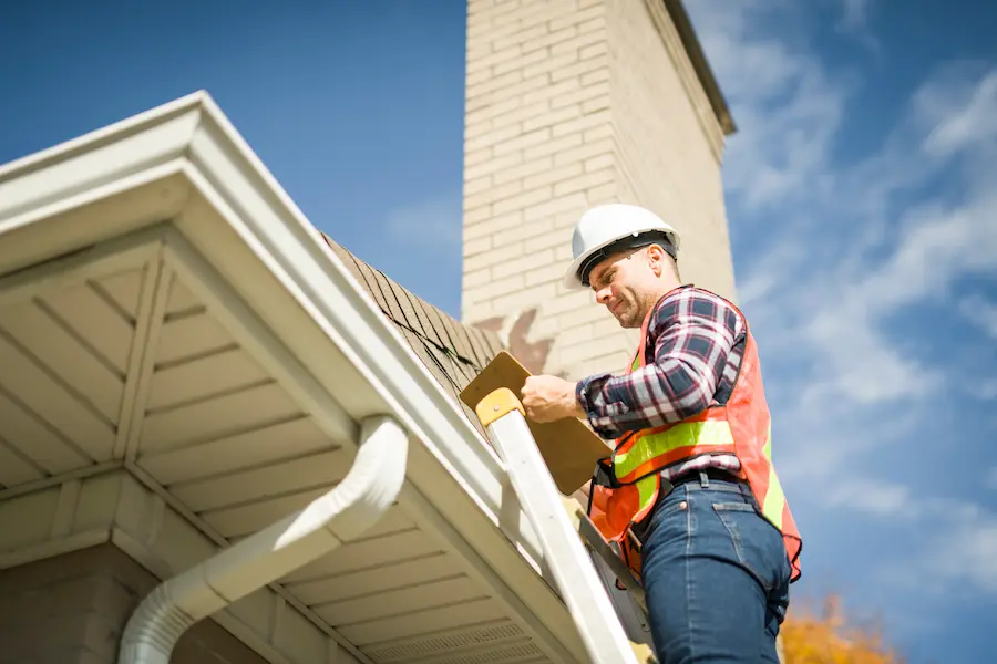 Roofer with a hard hat standing on ladder, inspecting house roof to put together a service quote estimate