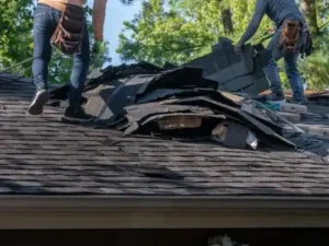 Two roofers standing on top of a roof and piling up ripped-off shingles between them.