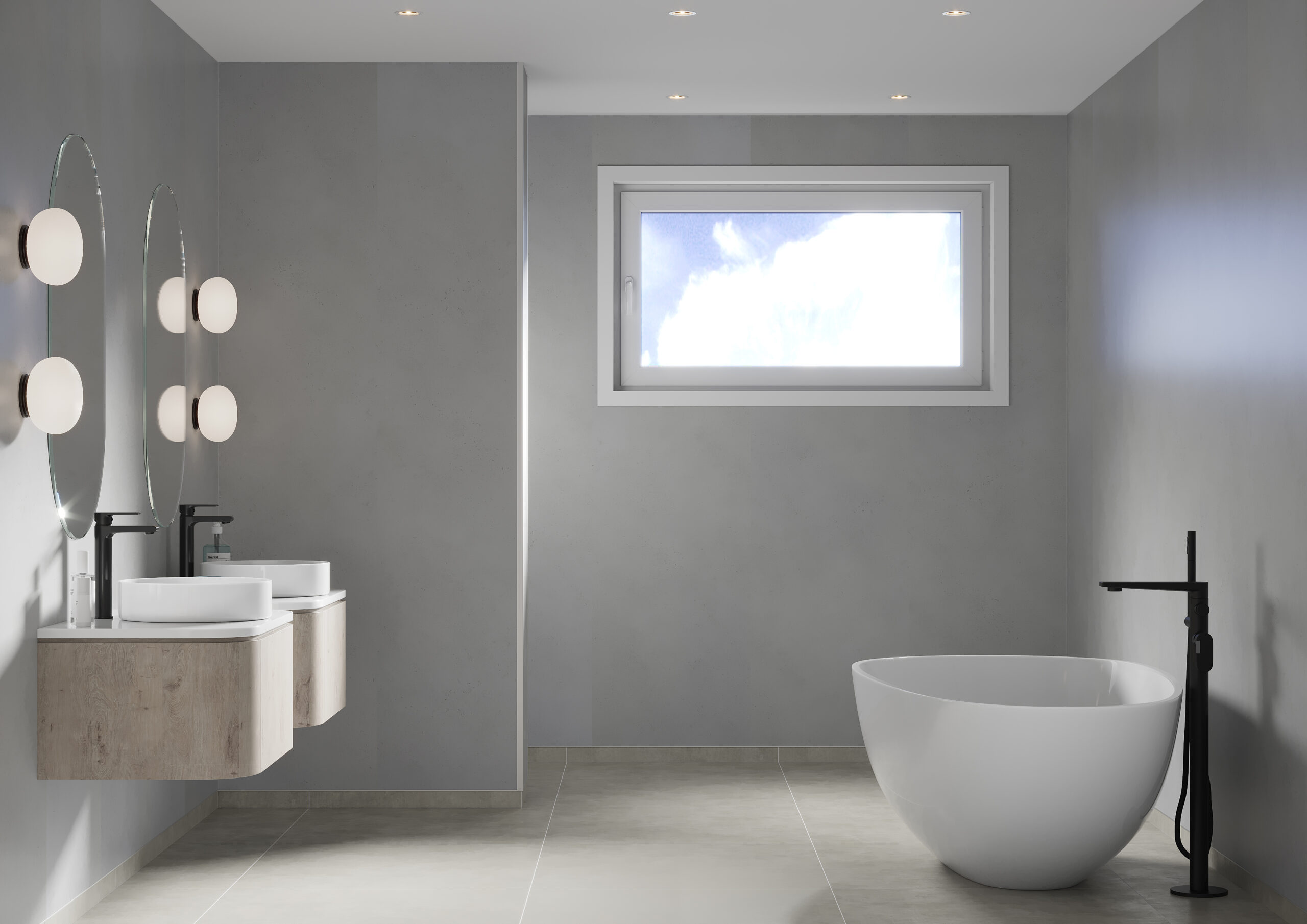 Contemporary minimalist cement bathroom after a remodel
