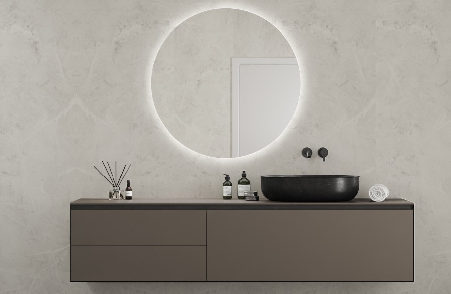 A gray, modern, accessible bathroom with a floating vanity