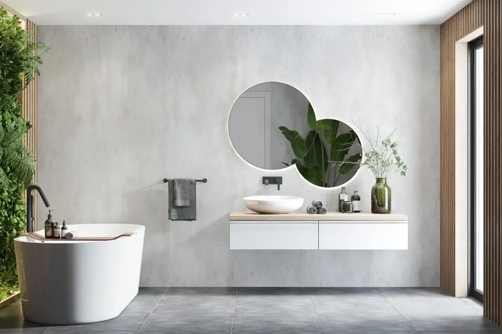 Modern bathroom remodel with Cracked Cement wall panel - Dagmar Pros